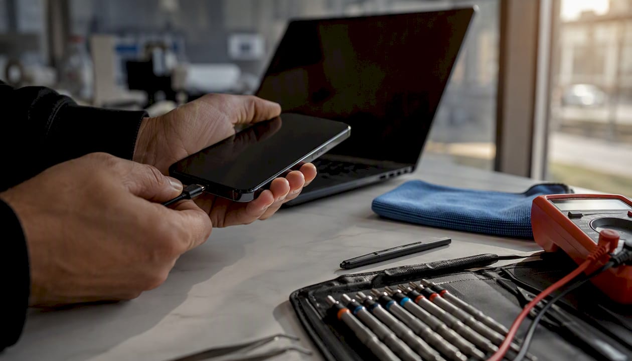Hands connecting iPhone to Mac for calibration