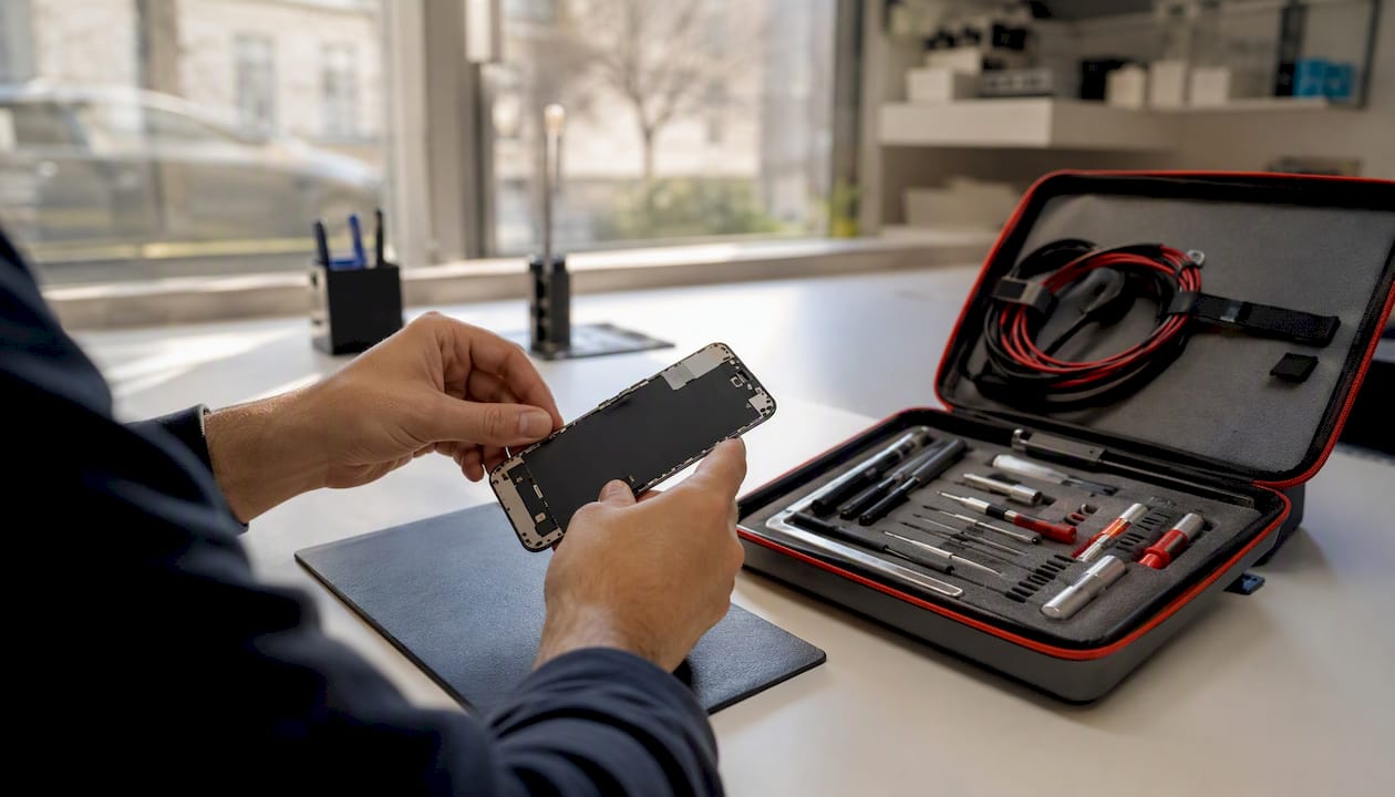 Technician inspecting iPhone screen and tools