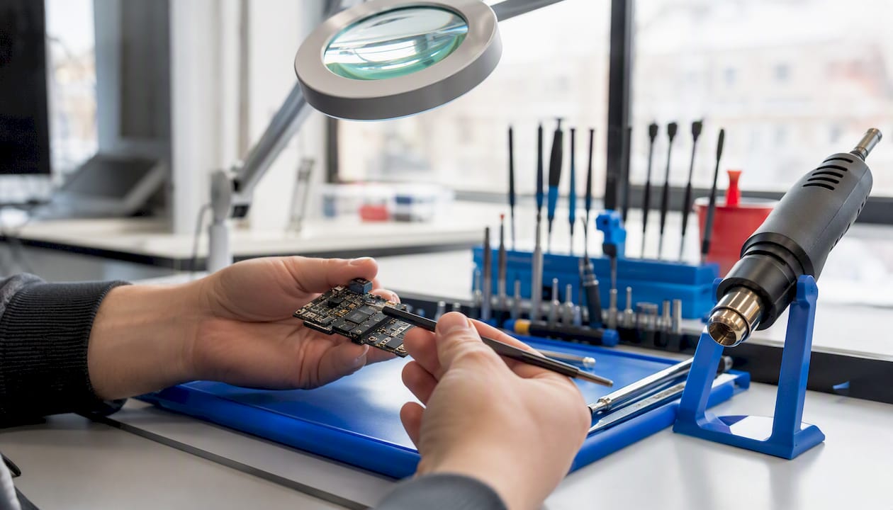 Technician soldering circuit board in workshop
