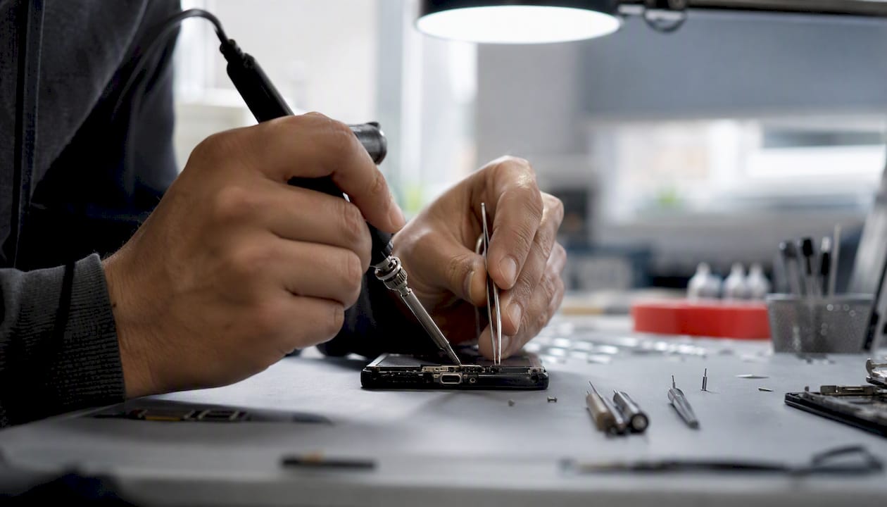 Technician soldering phone charging port