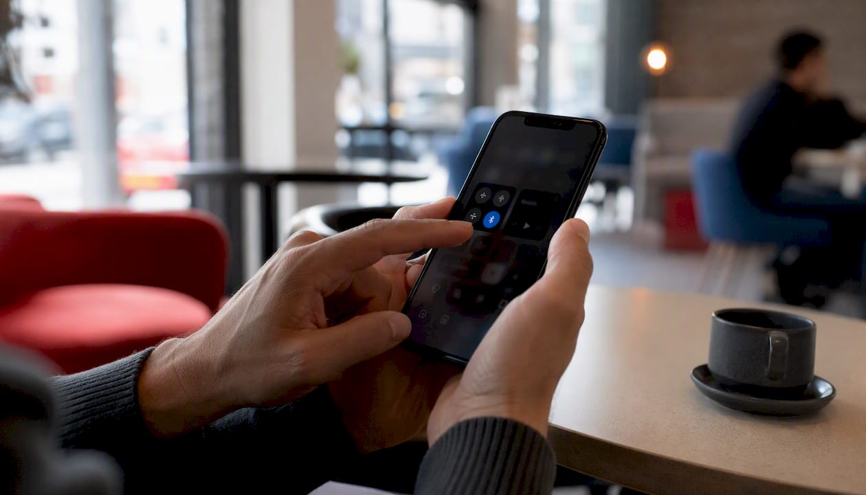 Hand toggling Bluetooth off on smartphone