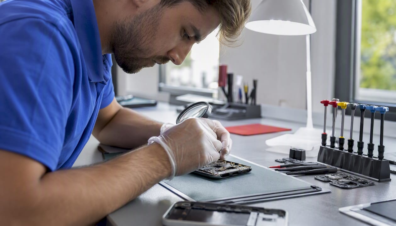 Technician inspecting smartphone motherboard