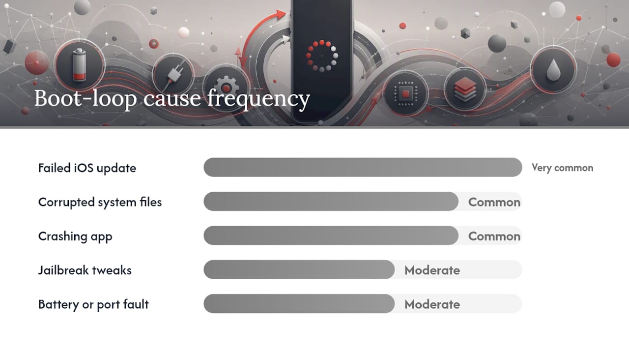 Diagram showing common causes of iPhone boot loops with frequency