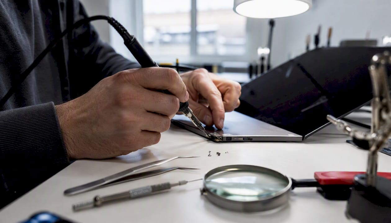 Technician repairing laptop charging port