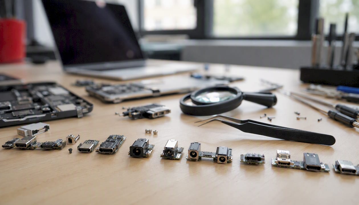 Laptop charging ports and repair tools on desk