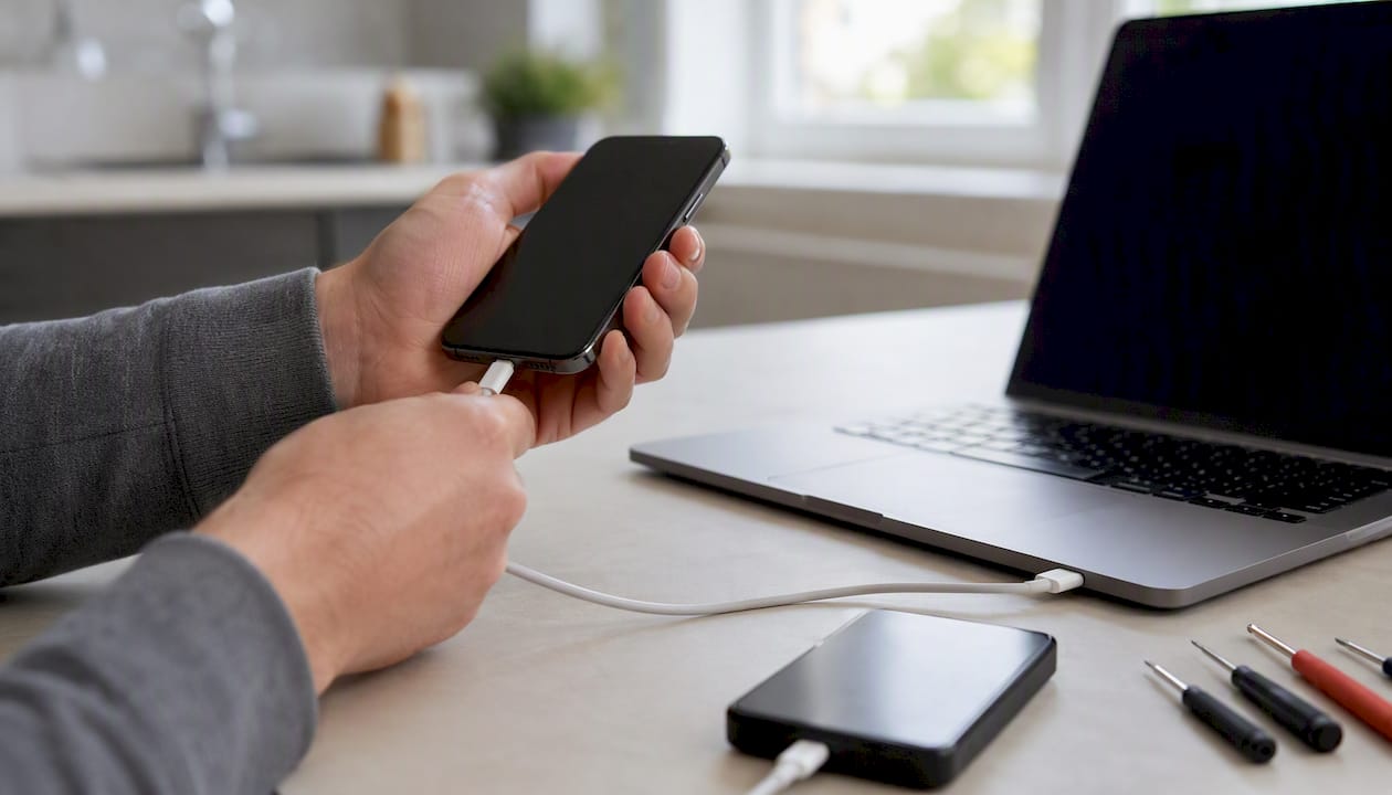 iPhone charging port connected to laptop for backup