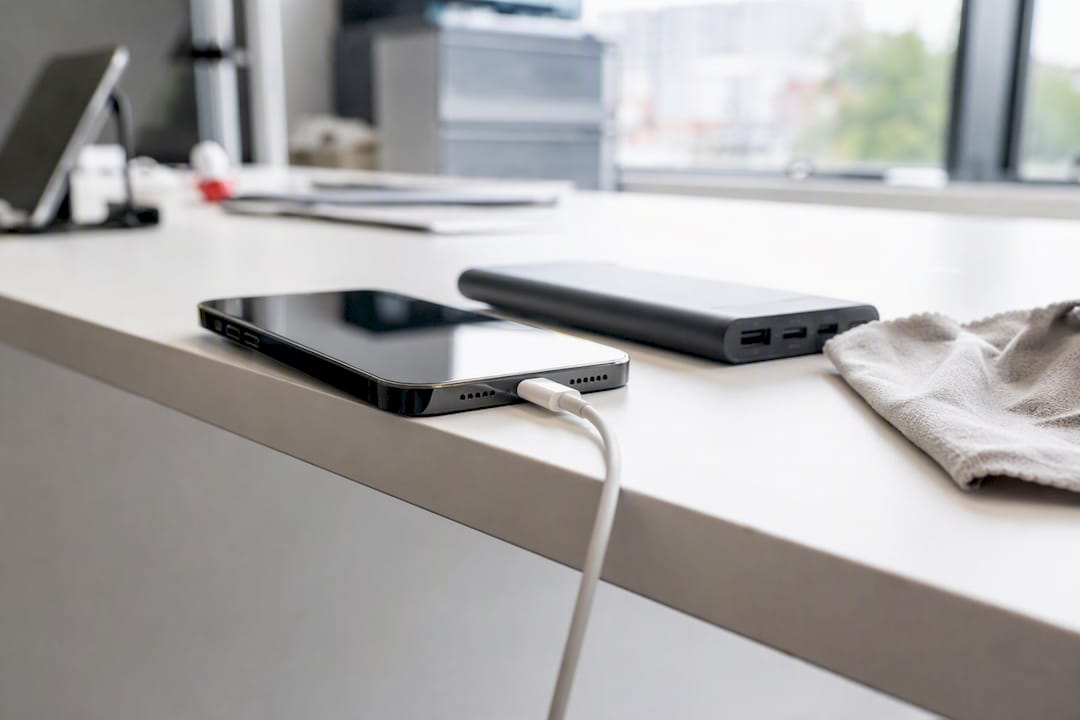 iPhone charging cable and adapter on table