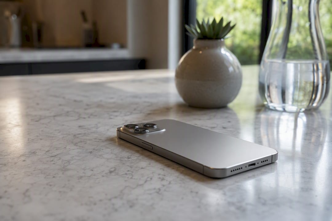 iPhone resting on cool countertop without case