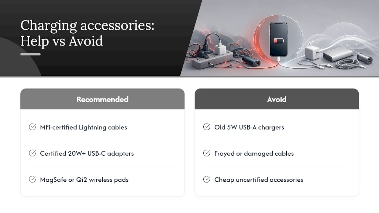 Diagram comparing certified vs uncertified iPhone charging accessories