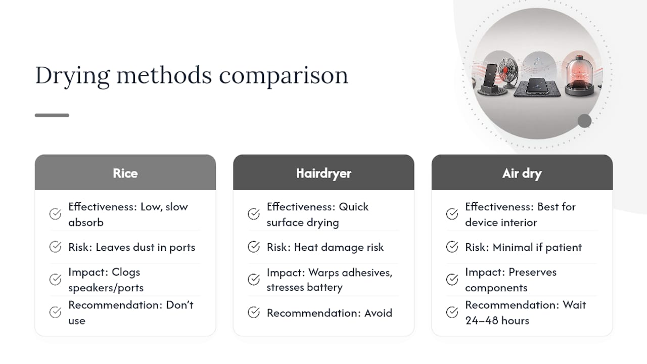 Comparison diagram of iPhone drying methods and risks