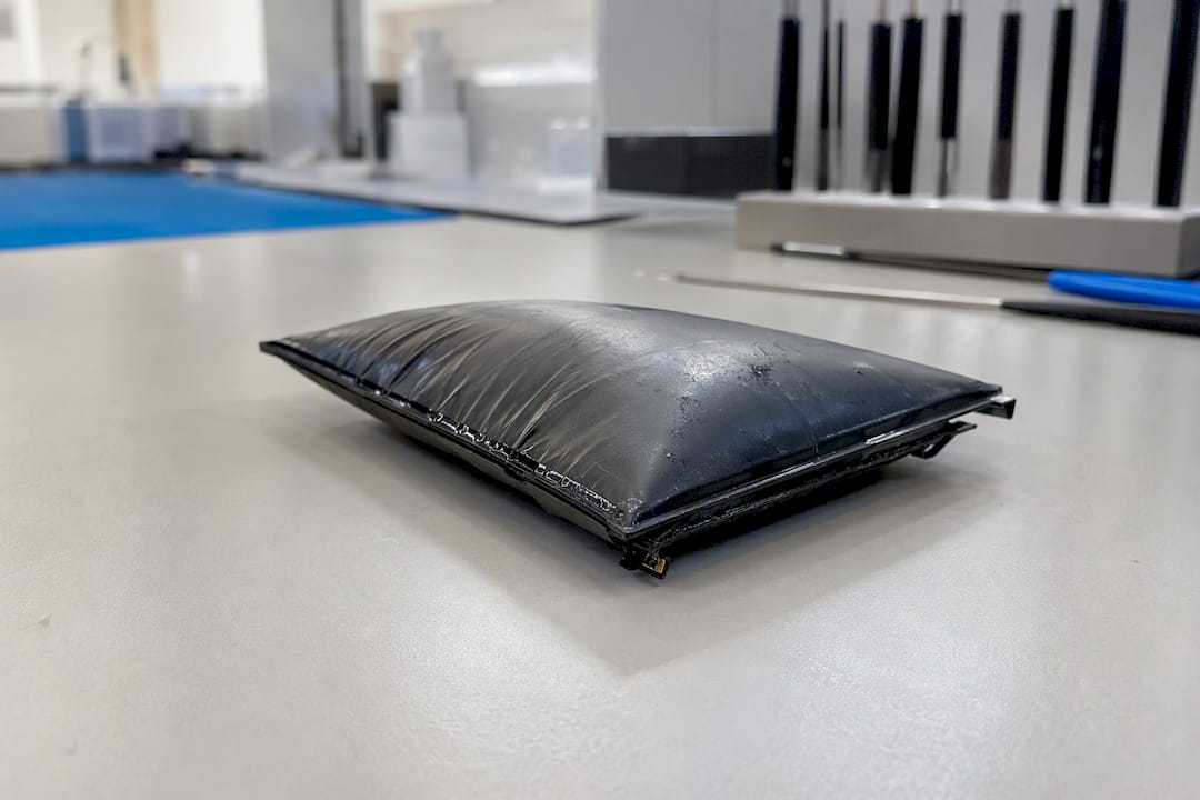 Close-up of swollen lithium phone battery