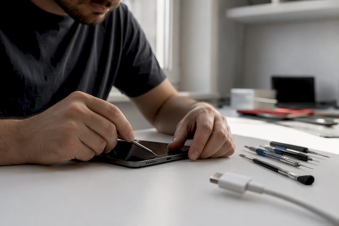 Technician inspecting tablet charging port