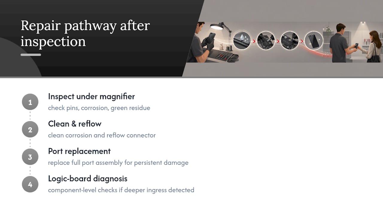 Liquid damage repair pathway from inspection to diagnosis