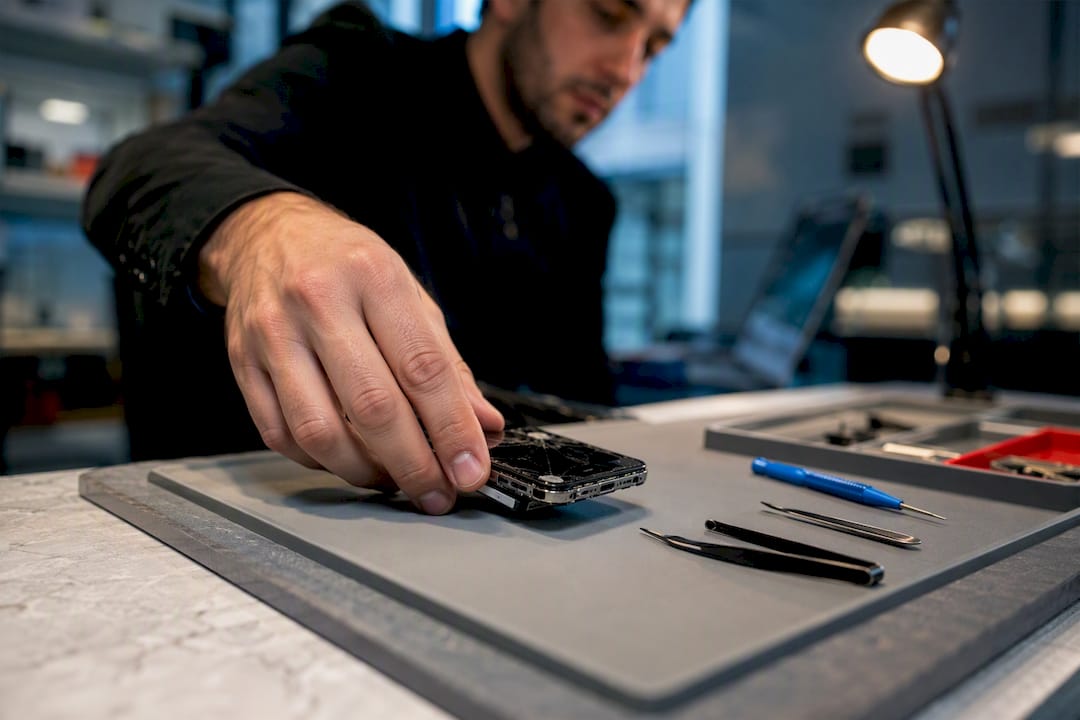 Technician inspecting damaged screen assembly