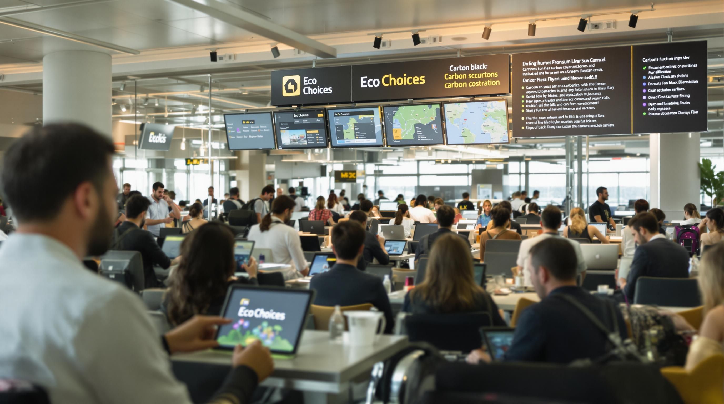 Airport lounge travelers review sustainability dashboards on devices