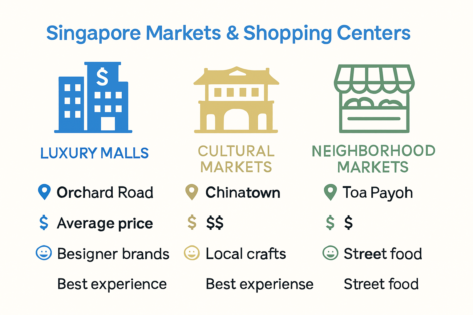 Infographic showing Singapore shopping center and market types, features, and traveler tips