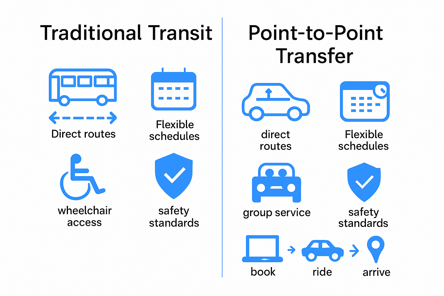 Infographic contrasting point to point versus traditional transport features