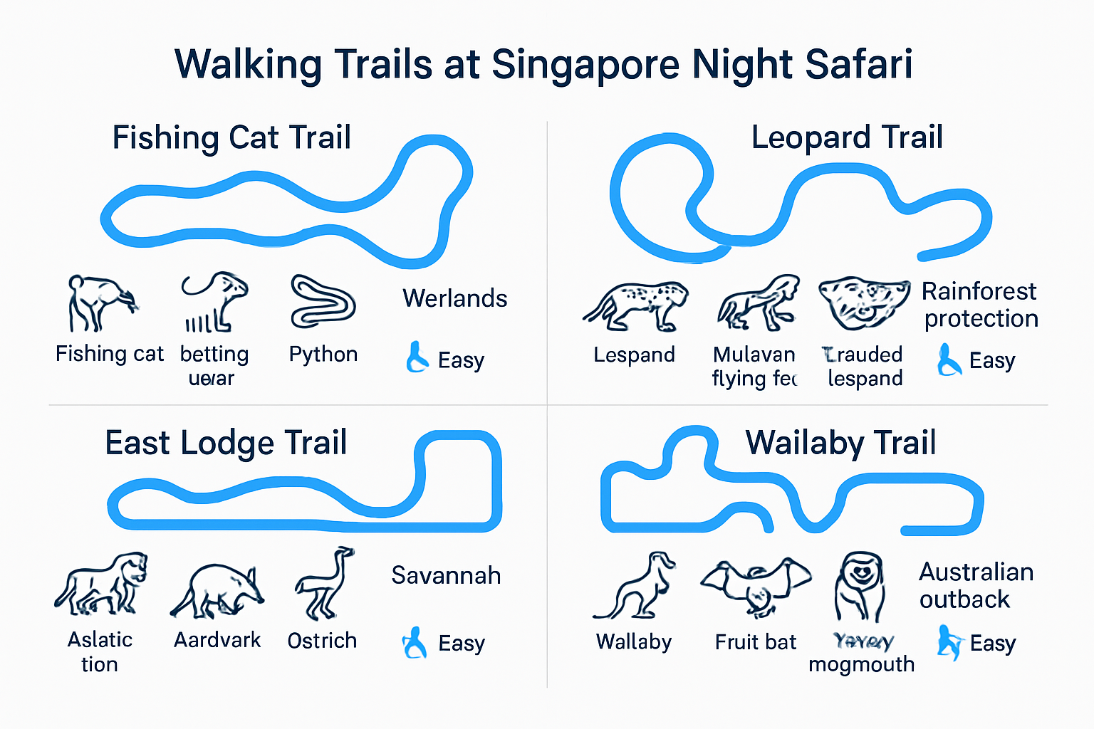 Infographic illustrating Night Safari walking trails and highlights