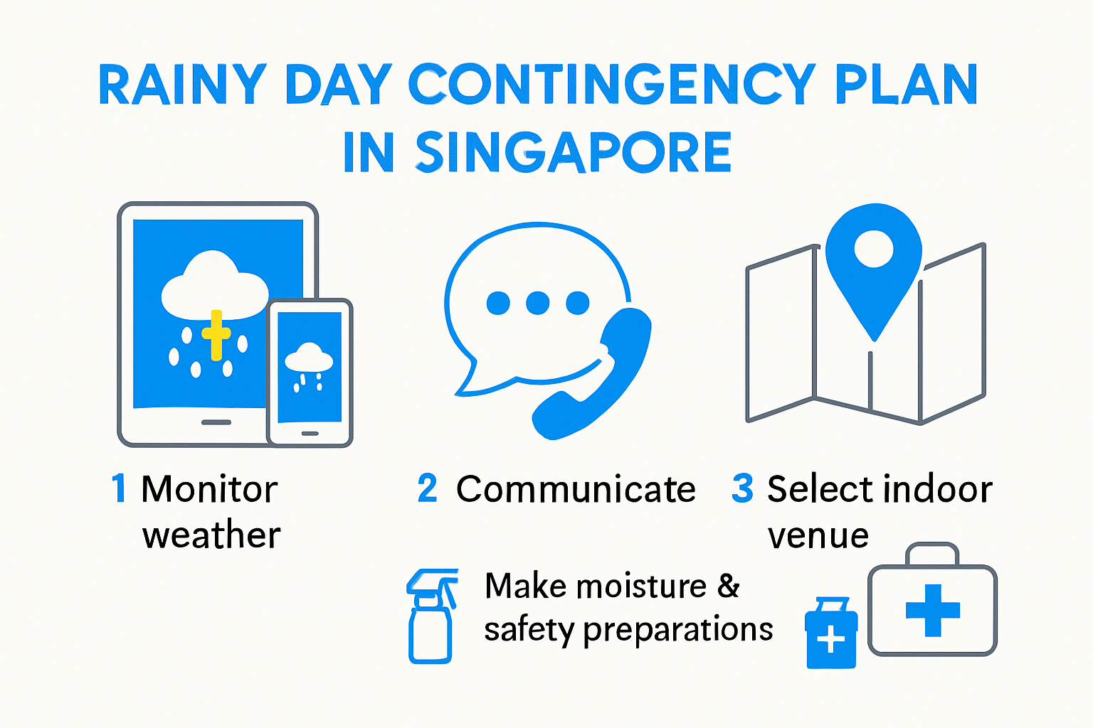 Infographic outlining steps for Singapore rainy day event planning and backup strategies