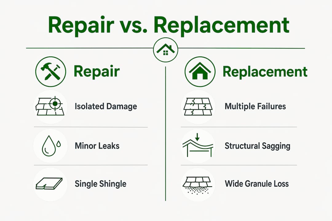 Infographic comparing roof repair and replacement signs