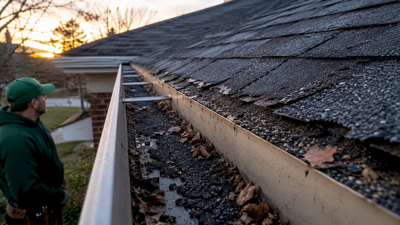 Granule buildup in gutter from aging shingles