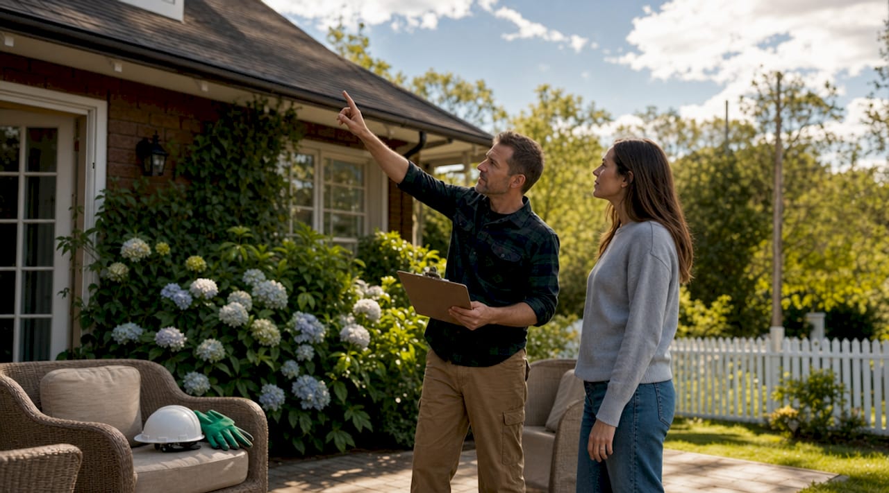 Roofing contractor explaining claim process to homeowner outdoors