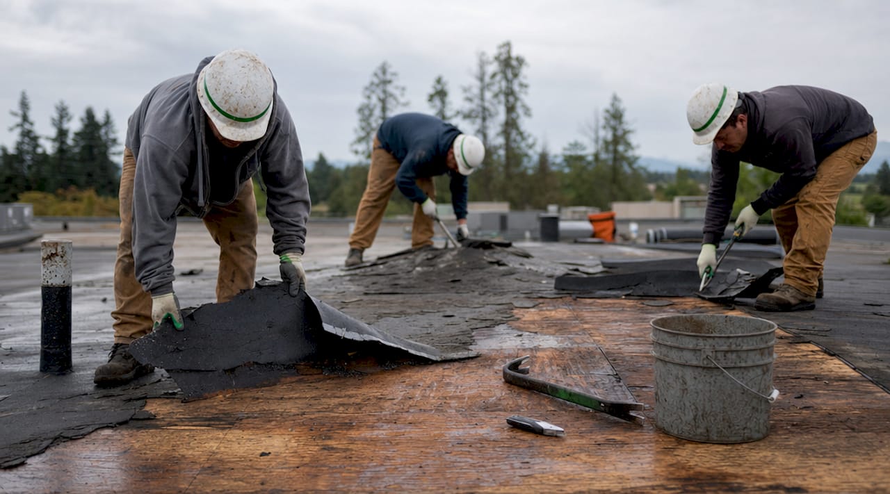 Hands removing old roofing membrane on roof deck