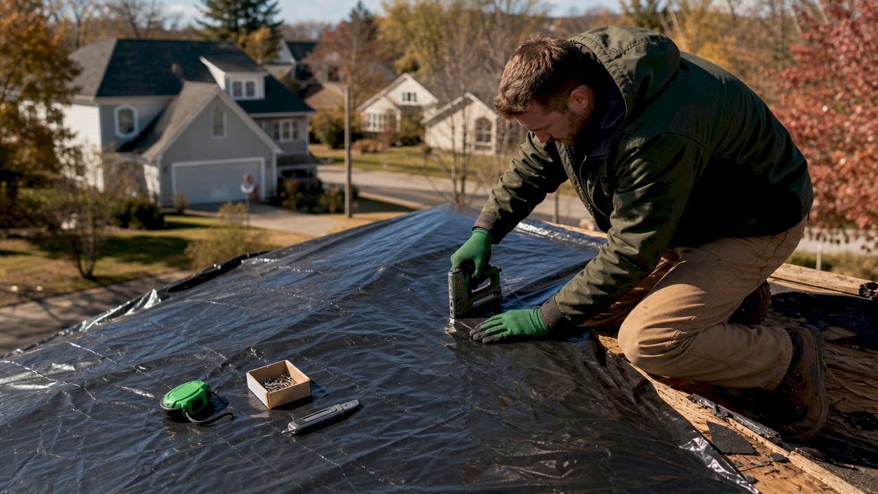 Contractor hands applying tarp to damaged roof decking