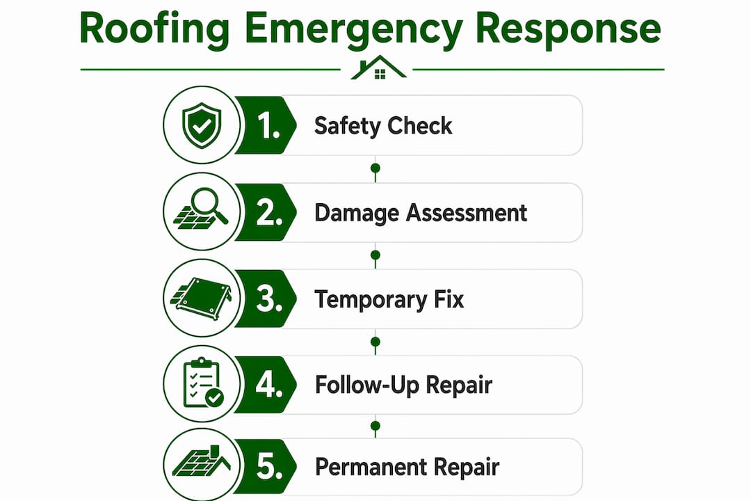 Infographic outlining roofing emergency response steps