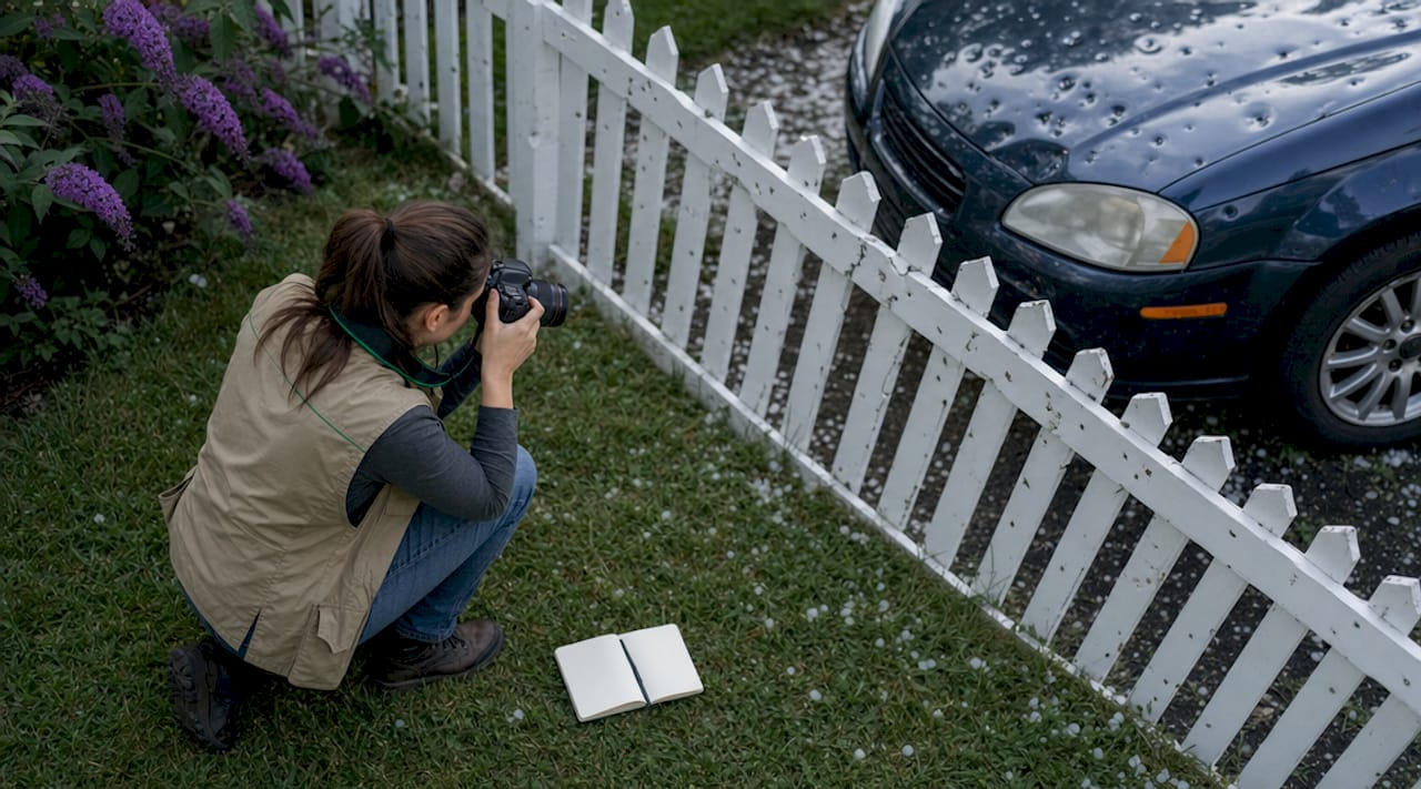 Inspector photographing hail damage on home and vehicle