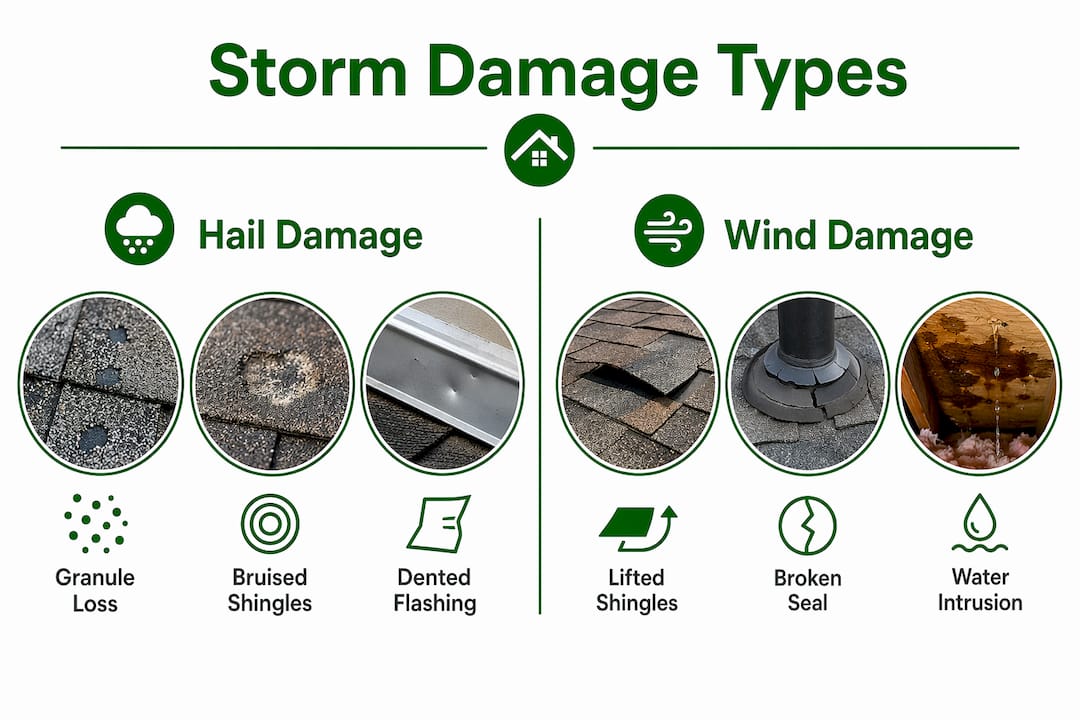Infographic comparing hail and wind roof damage types