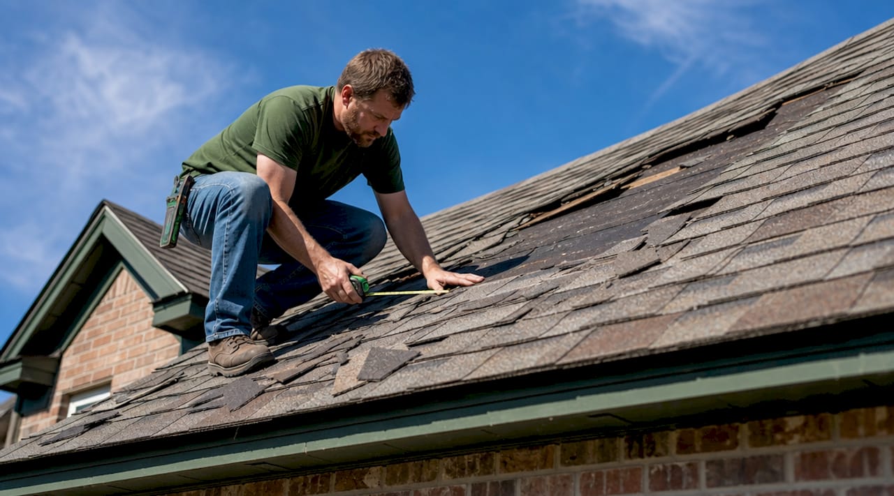 Close-up of wind-damaged asphalt shingles