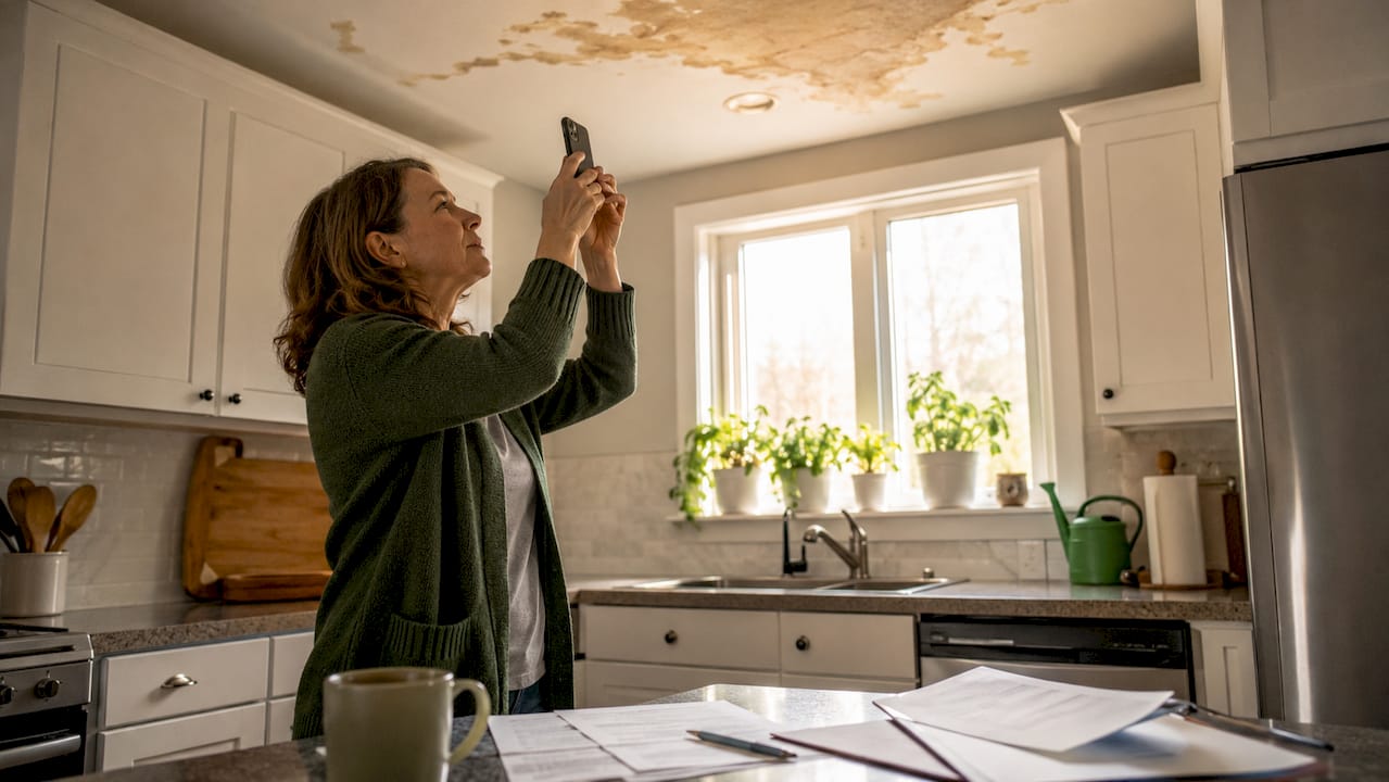 Woman photographing ceiling water damage indoors