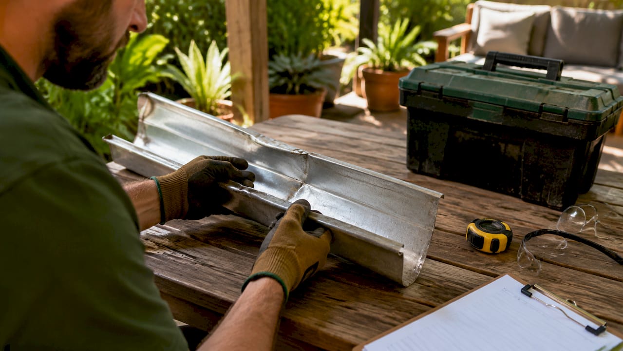 Hands inspecting dented aluminum gutter in workshop