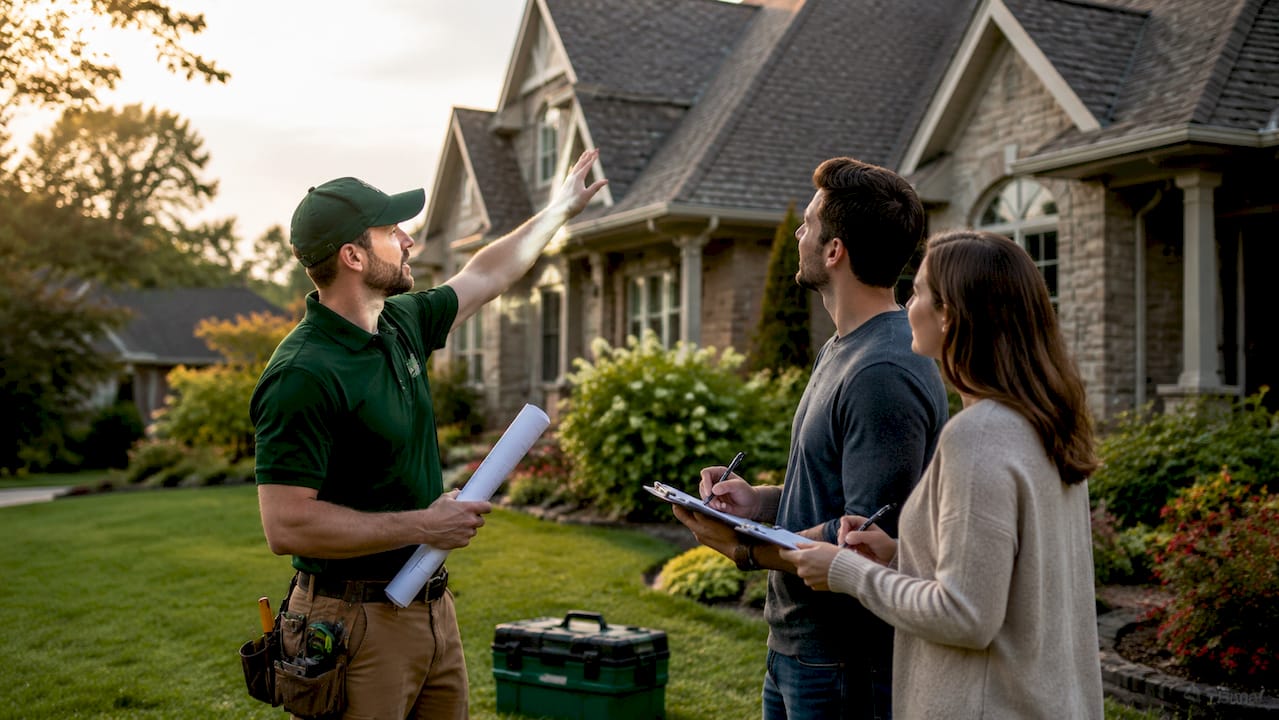Contractor explaining roof complexity to homeowners outdoors