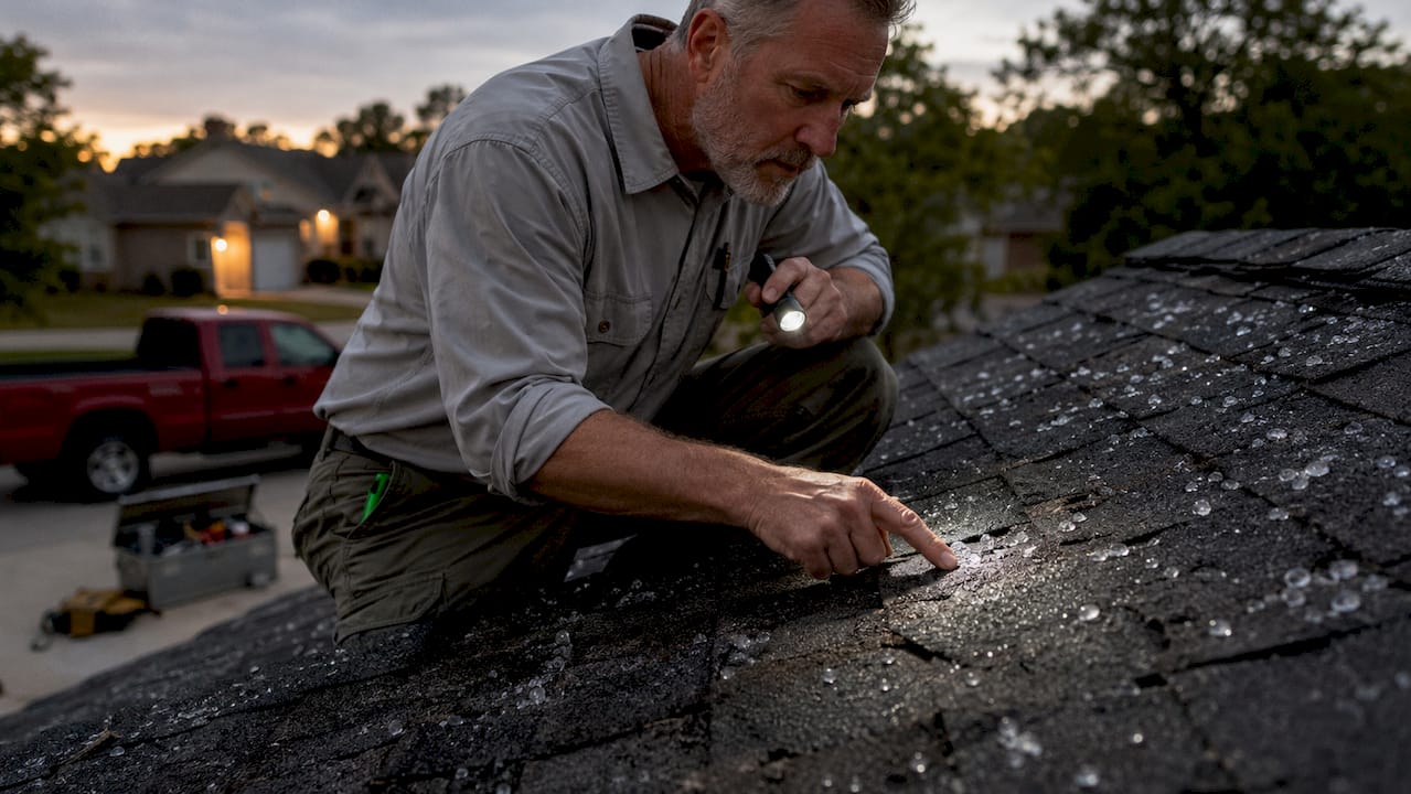 Contractor inspecting roof damage outdoors