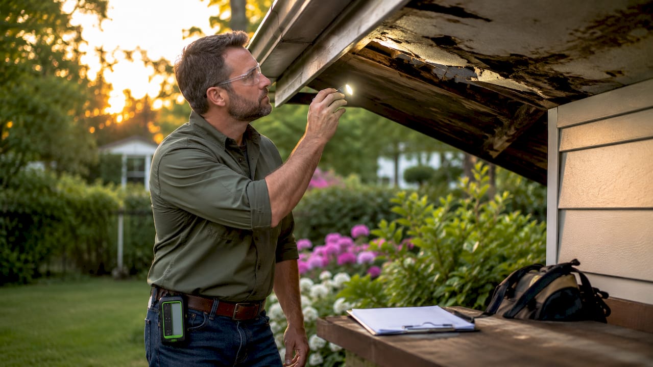 Contractor inspecting roof damage in attic