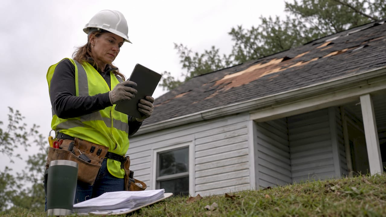 Contractor documenting roof damage photos outdoors