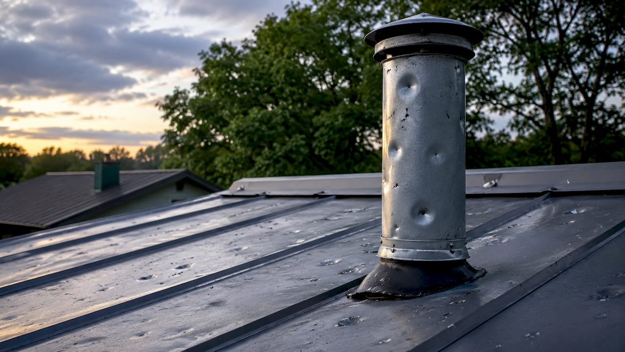 Close-up of hail damage dents on metal gutter and vent