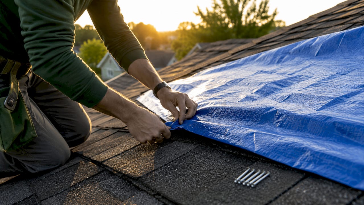 Close-up blue tarp on damaged roof section