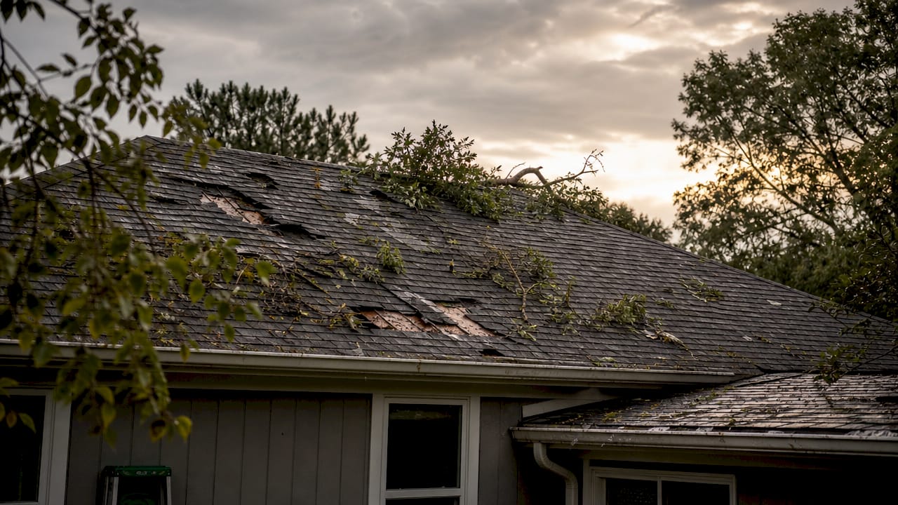 Close-up of shingle damage from fallen branch impact