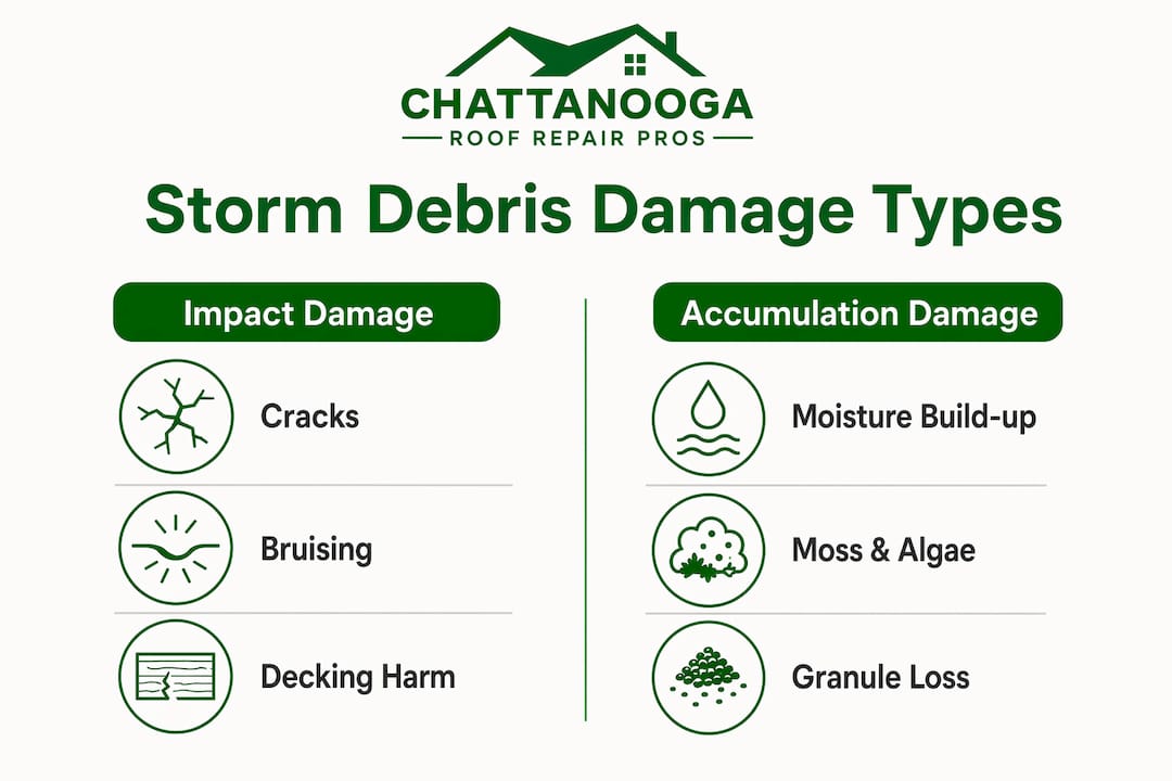 Infographic comparing impact and accumulation damage on shingles
