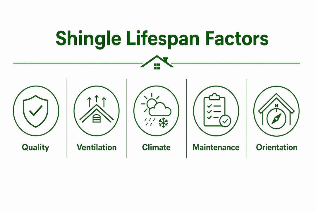 Infographic showing key factors affecting shingle lifespan