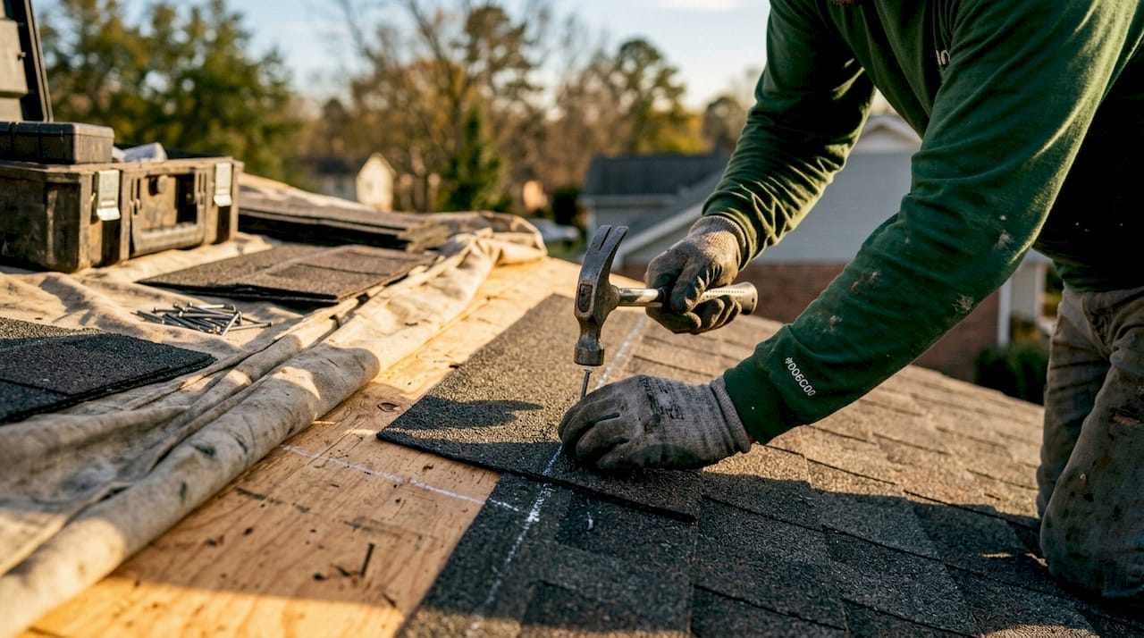Roofer installing architectural shingles with hammer and nails