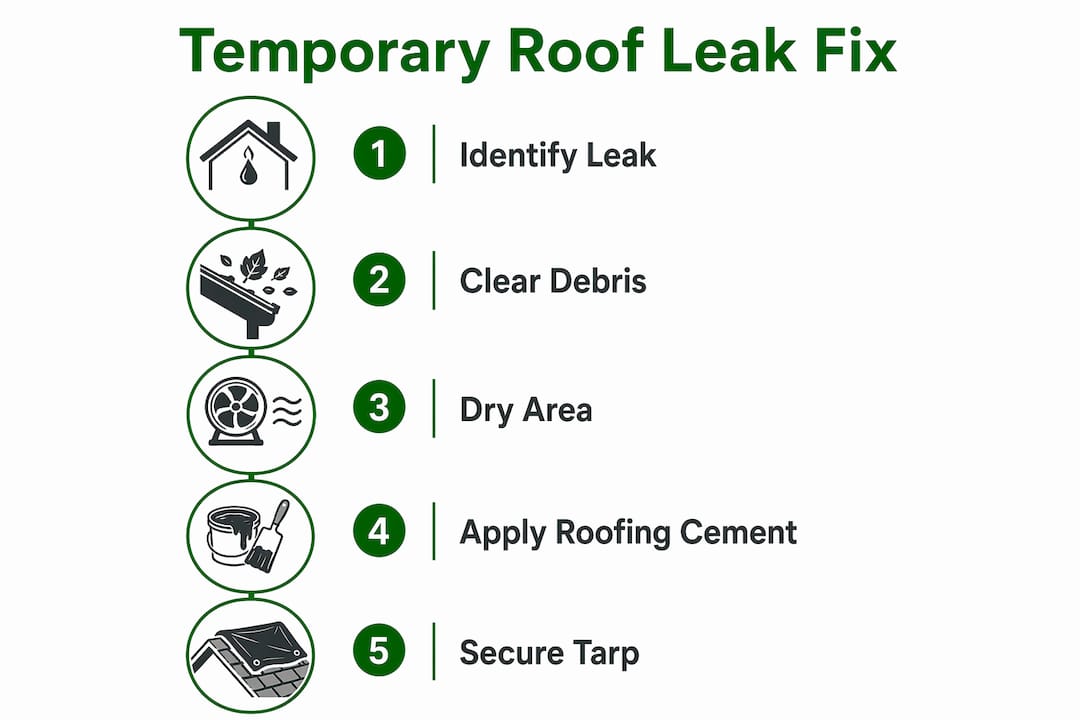 Infographic illustrating steps for temporary roof leak fix