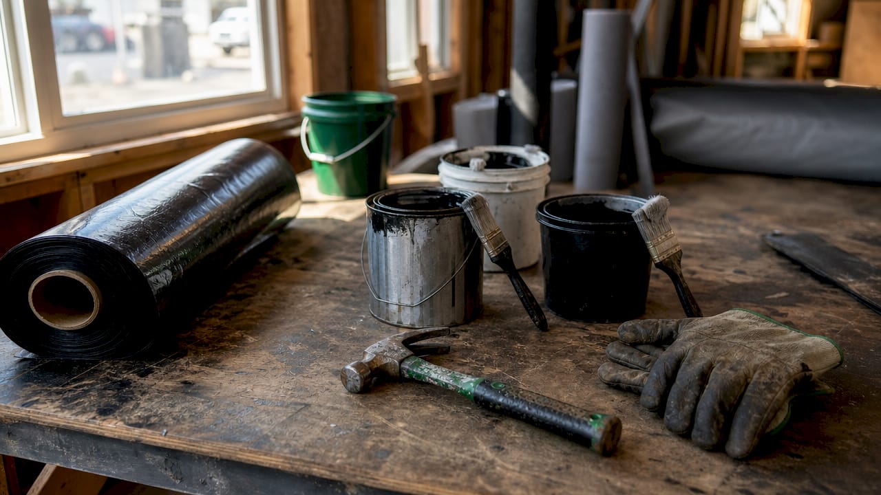 Tabletop view of roof repair tools and materials in garage