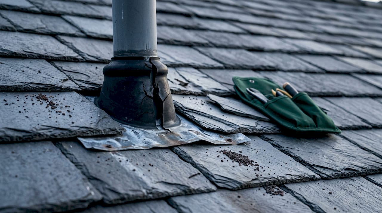 Close-up of cracked pipe boot and dented flashing on roof