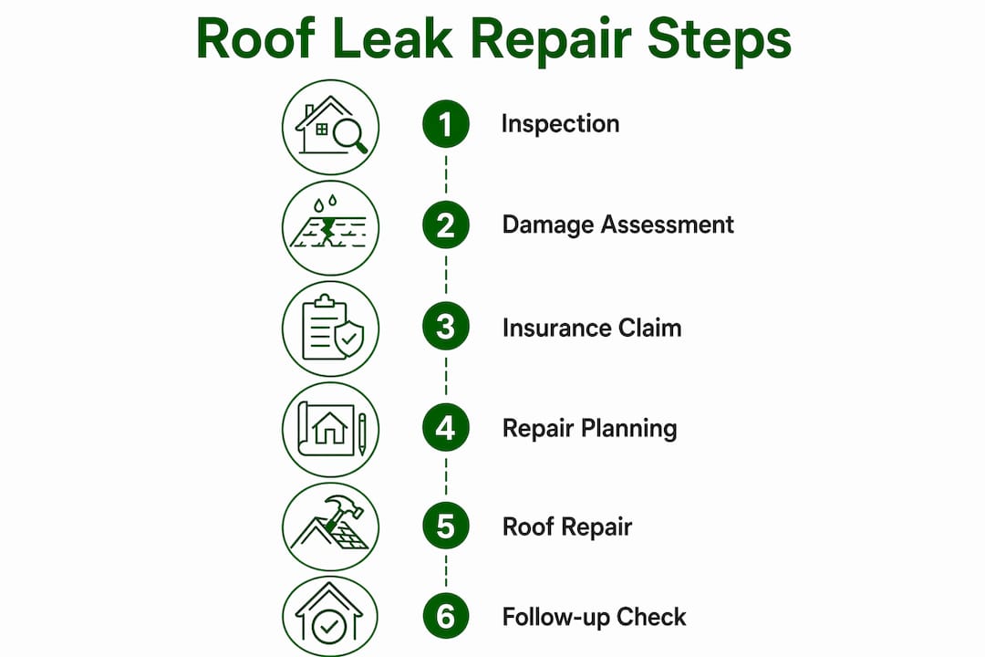 Infographic listing roof leak repair steps after hail damage