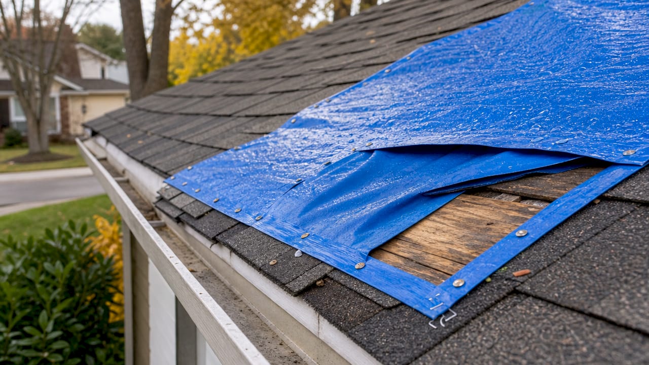 Close-up of emergency tarp secured on damaged roof