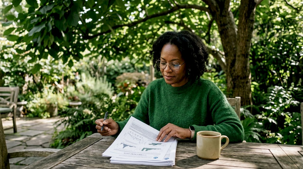 Woman studying NOAA storm event report at home desk
